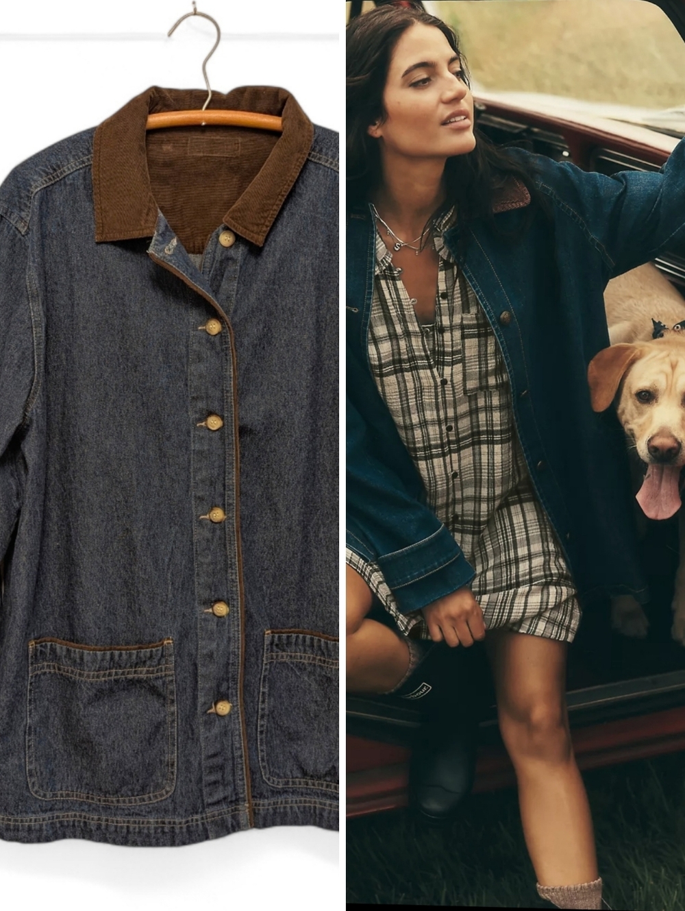 VINTAGE Denim Chore Coat Barn Jacket Corduroy Collar Blue Jean XL